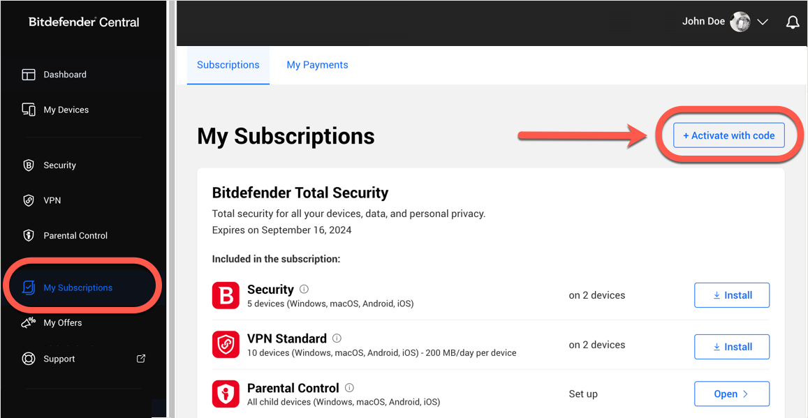 Minhas assinaturas - estender a assinatura do Bitdefender